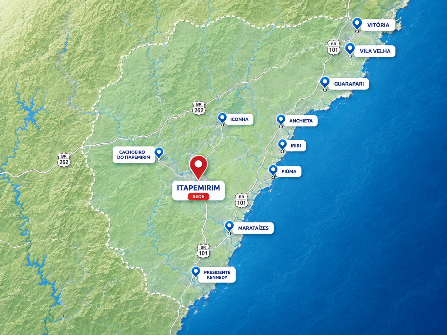 Mapa da área de atuação da Bayerl Marcenaria, raio de 100km a partir de Itapemirim/ES, cobrindo Cachoeiro do Itapemirim, Marataízes, Presidente Kennedy, Iconha, Piúma, Iriri, Anchieta, Guarapari, Vila Velha e Vitória